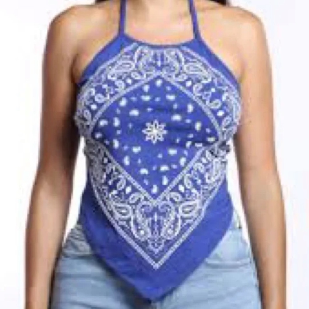 Fashion Magazine Blue Bandanna Halter Tie Top